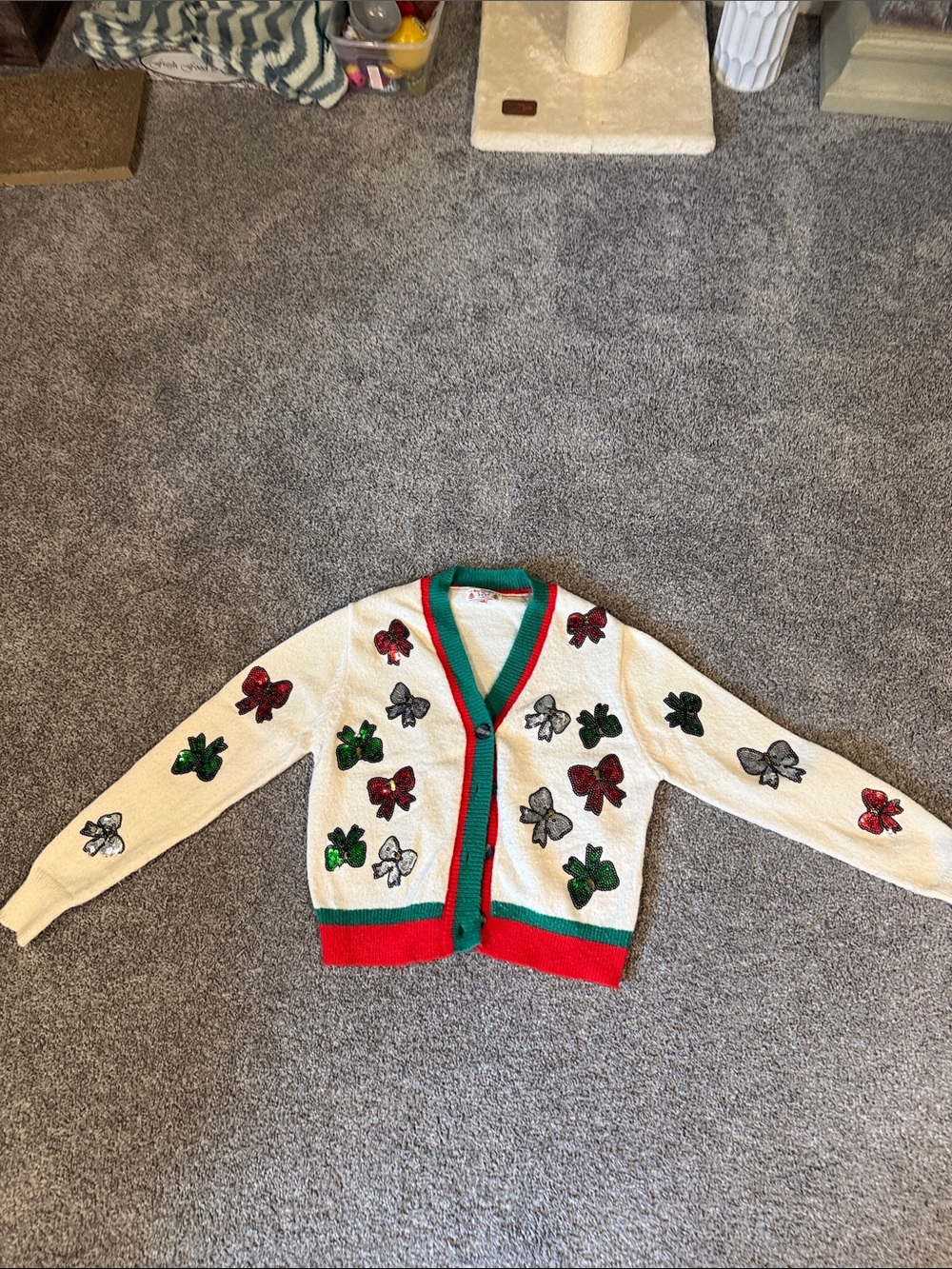 Poof! White Sweater with Green & Red Trim